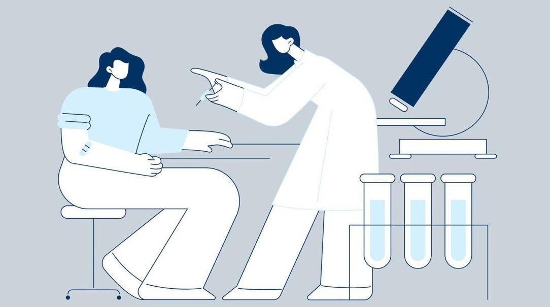 Graafinen kuvitus työterveyshoitajasta antamassa rokotetta asiakkaalle.